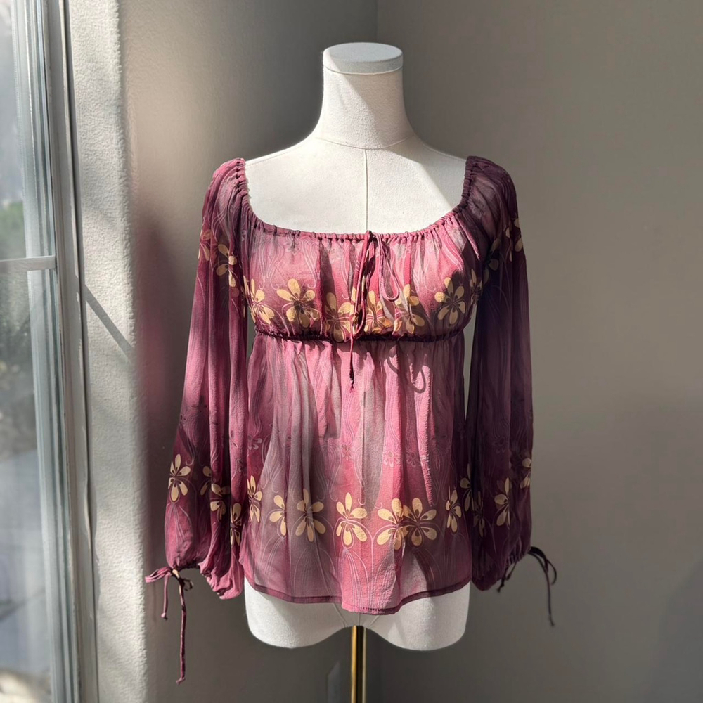 Stunning 100% Silk and sheer, Maroon and floral, Off The Shoulder Top